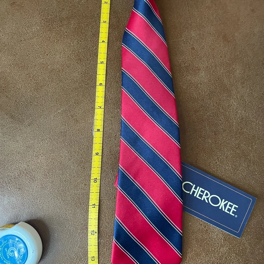 Boys clip on neck tie Red and Navy Striped size 8 to 10 formal dressy church
